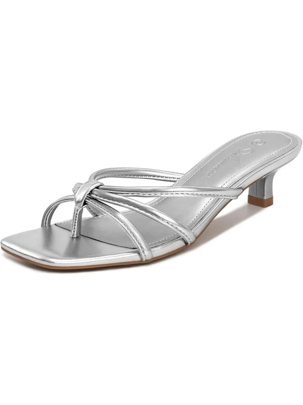 Athlefit Women's Silver Polyurethane Kitten Square Toe Strappy Flip Low Heels